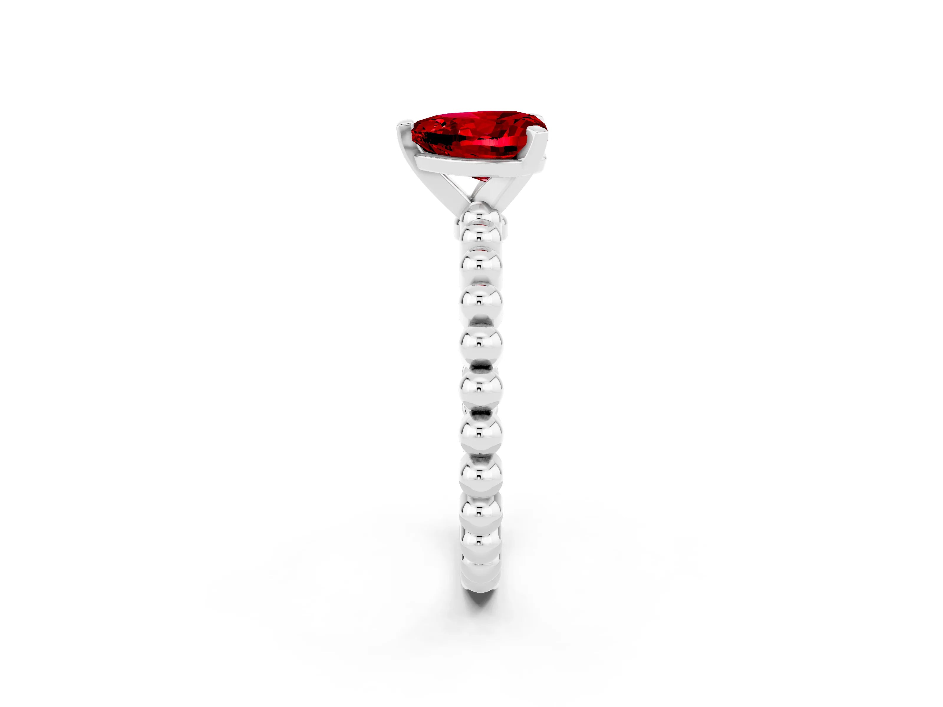 White gold Heart Cut Ruby Solitaire Ring with Beaded Band and Prong Setting_14