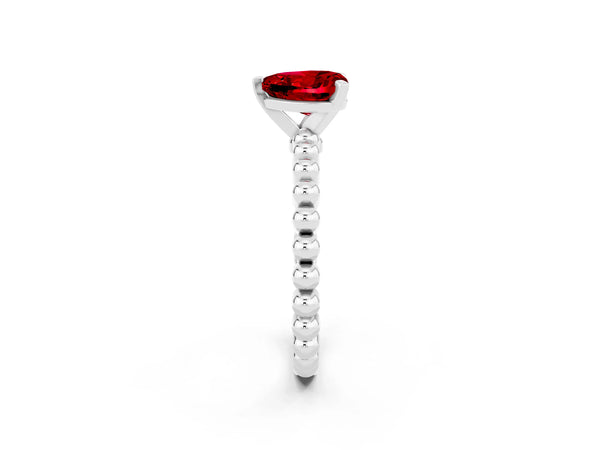 White gold Heart Cut Ruby Solitaire Ring with Beaded Band and Prong Setting