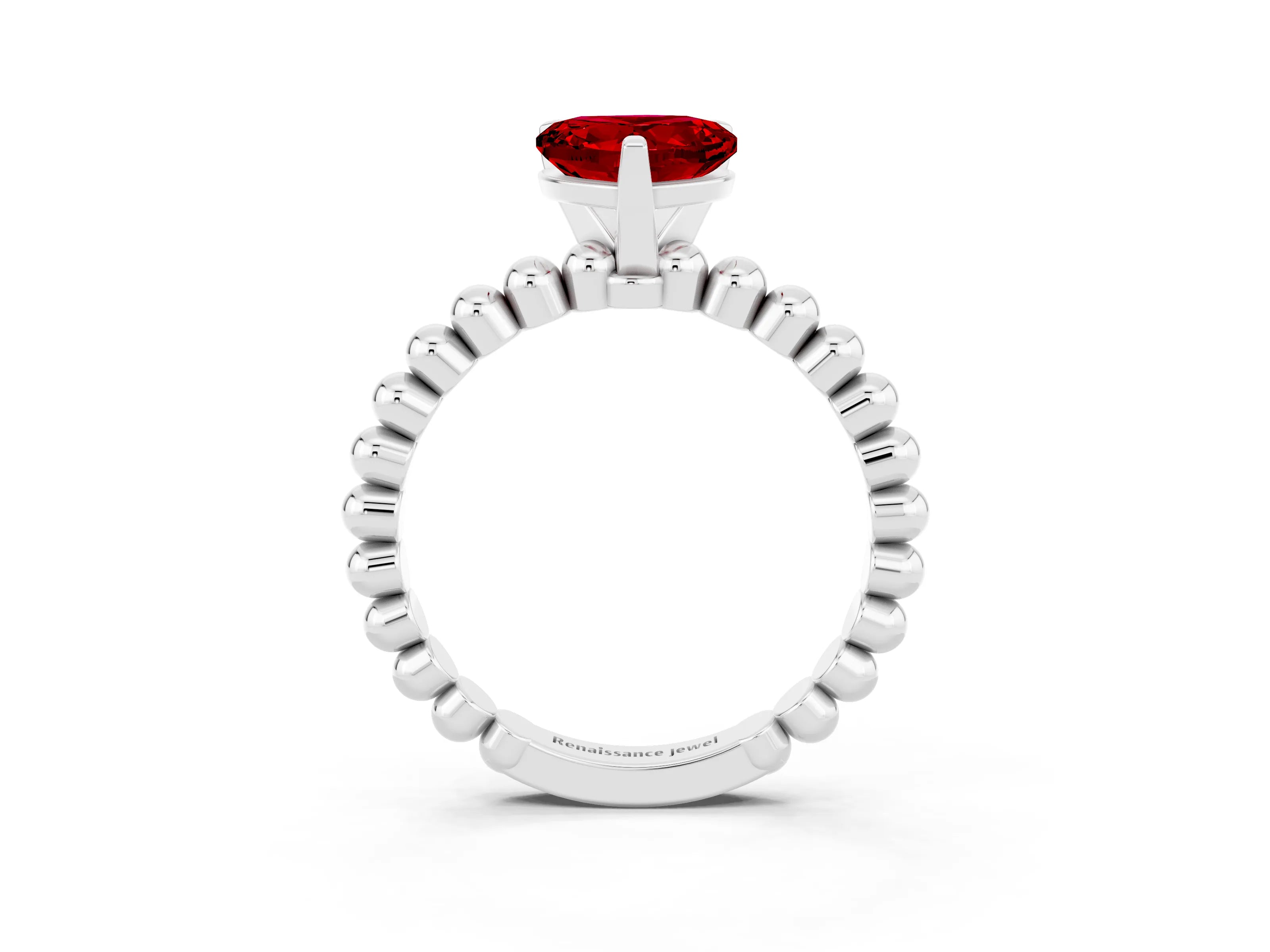 White gold Heart Cut Ruby Solitaire Ring with Beaded Band and Prong Setting_15