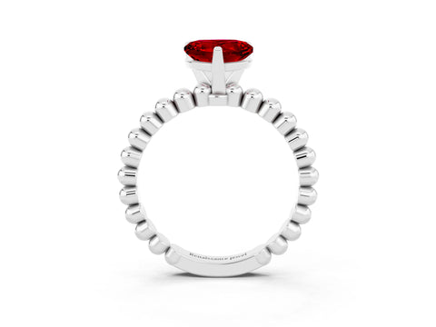 White gold Heart Cut Ruby Solitaire Ring with Beaded Band and Prong Setting_15