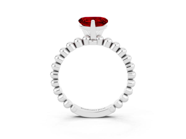Silver Heart Cut Ruby Solitaire Ring with Beaded Band and Prong Setting