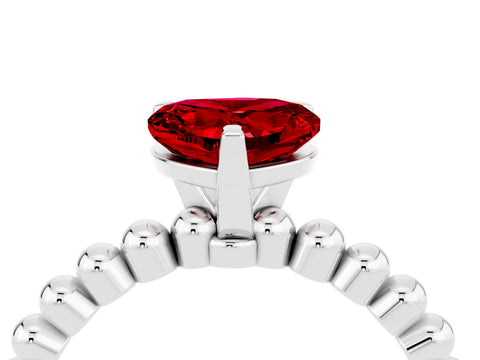 White gold Heart Cut Ruby Solitaire Ring with Beaded Band and Prong Setting_4
