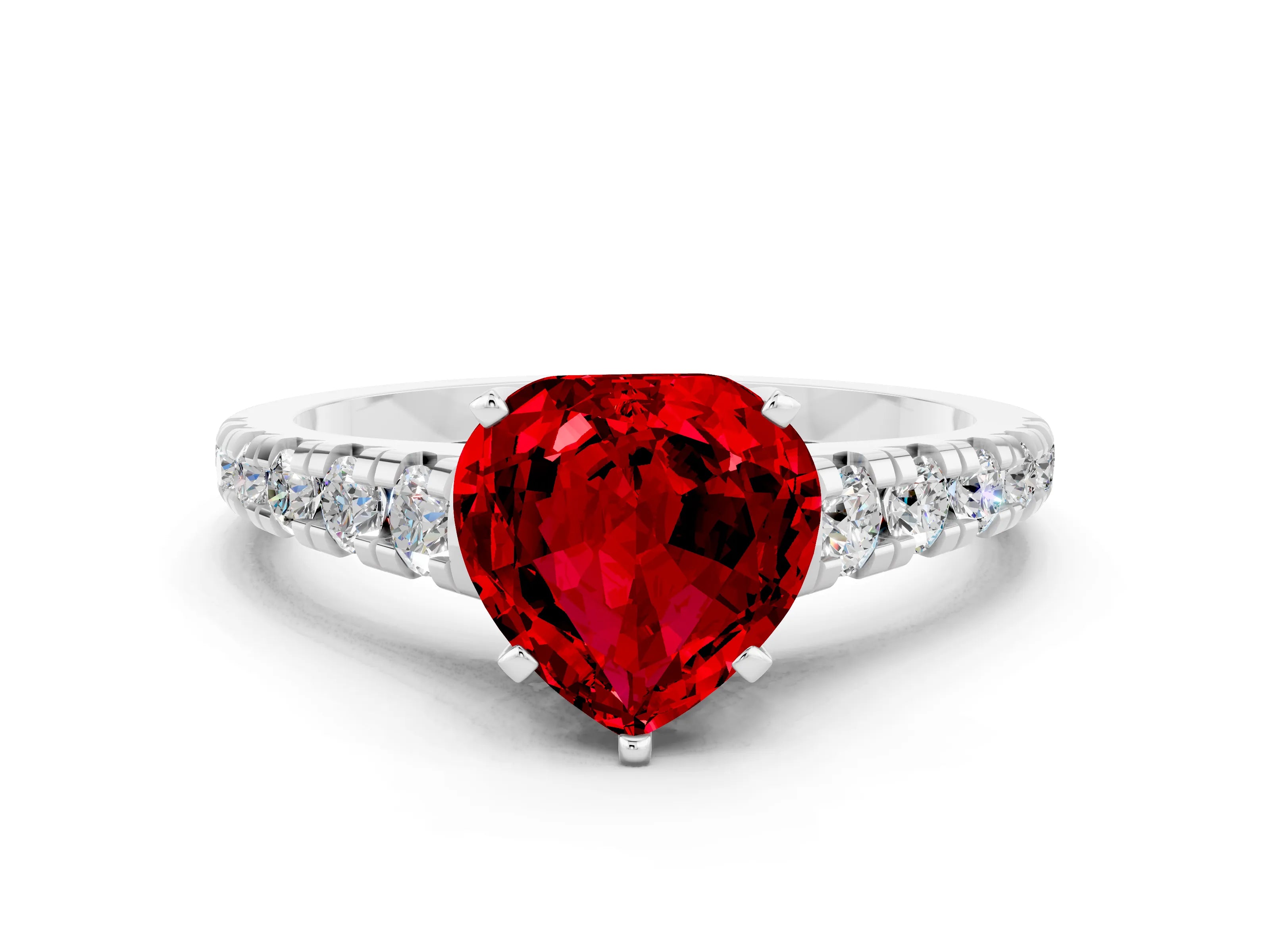 White gold Heart Cut Ruby Solitaire Ring with Cathedral Setting and Pavé Band