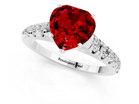 White gold Heart Cut Ruby Solitaire Ring with Cathedral Setting and Pavé Band_1