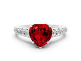 White gold Heart Cut Ruby Solitaire Ring with Cathedral Setting and Pavé Band