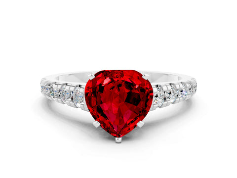 White gold Heart Cut Ruby Solitaire Ring with Cathedral Setting and Pavé Band