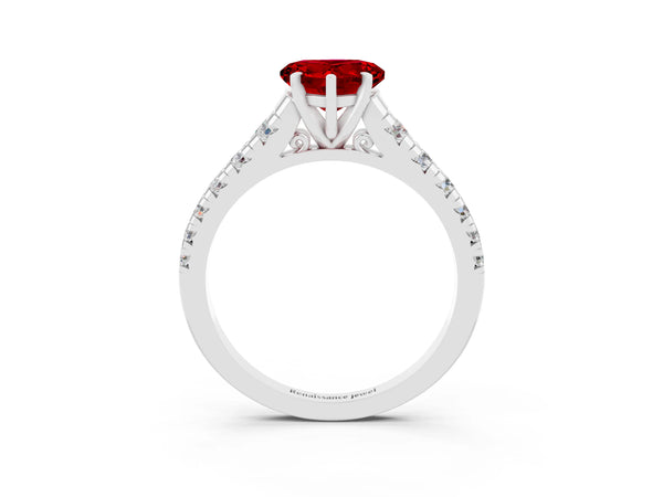 Silver Heart Cut Ruby Cathedral Solitaire Ring with Round  Pavé Band