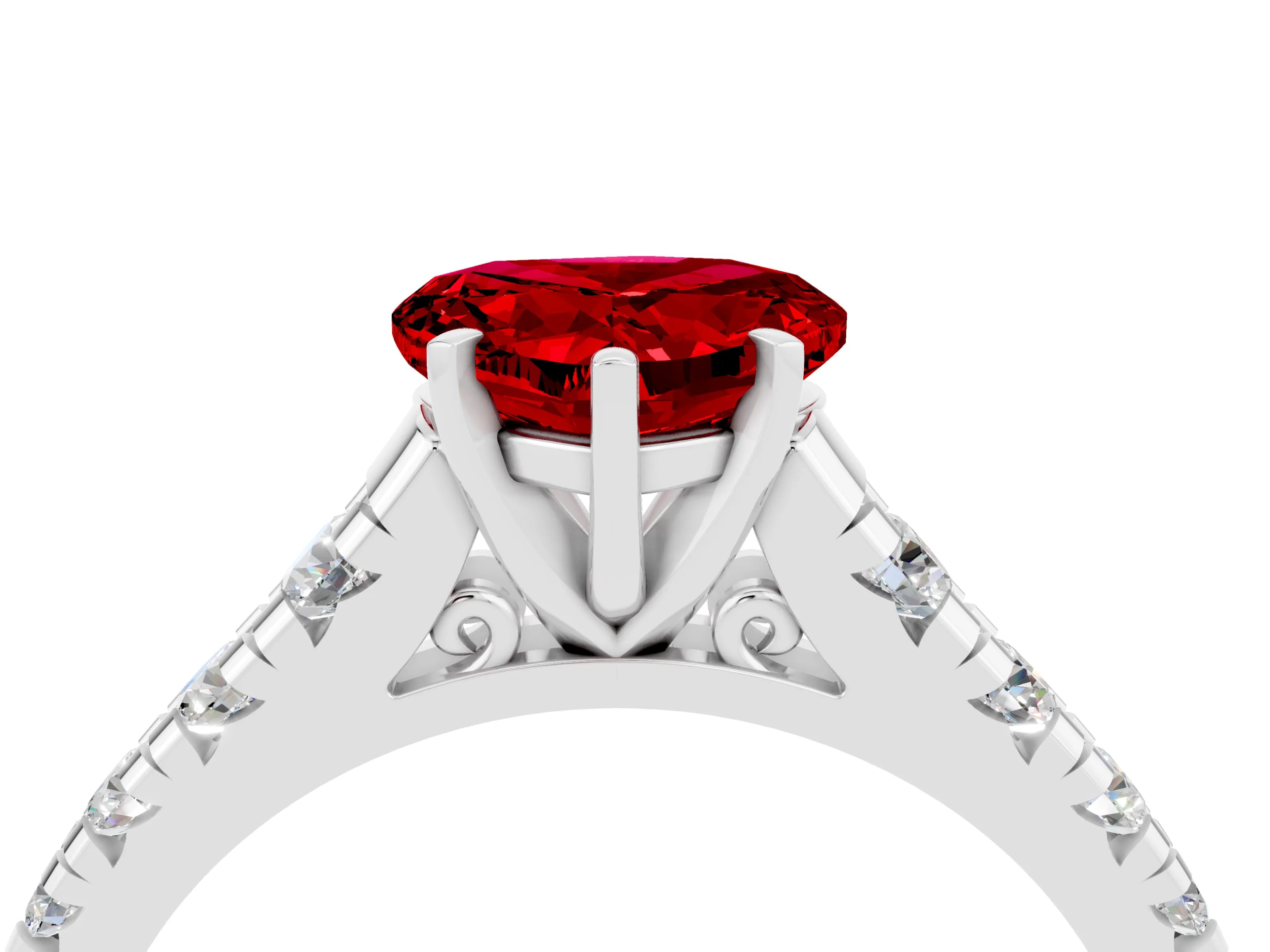 White gold Heart Cut Ruby Solitaire Ring with Cathedral Setting and Pavé Band_4