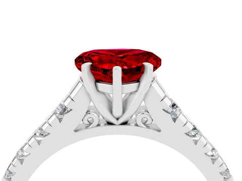 White gold Heart Cut Ruby Solitaire Ring with Cathedral Setting and Pavé Band_4