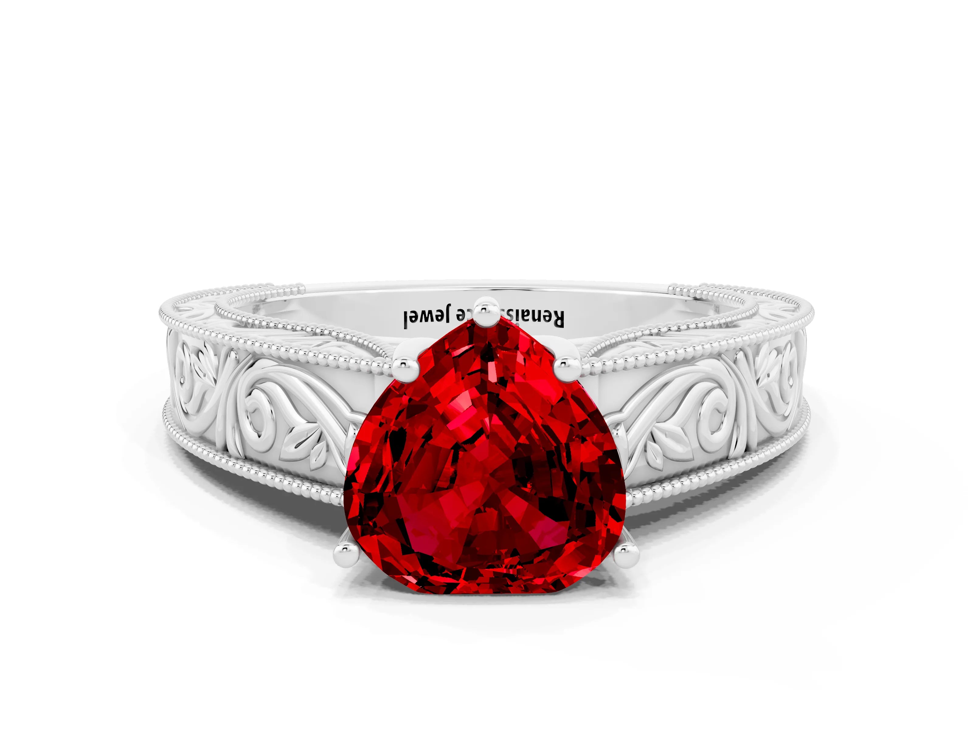 White gold Heart Cut Ruby Solitaire Ring with Engraved Band and Four-Prong Setting