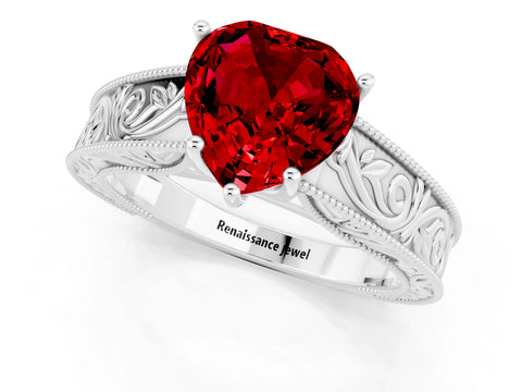 White gold Heart Cut Ruby Solitaire Ring with Engraved Band and Four-Prong Setting_1