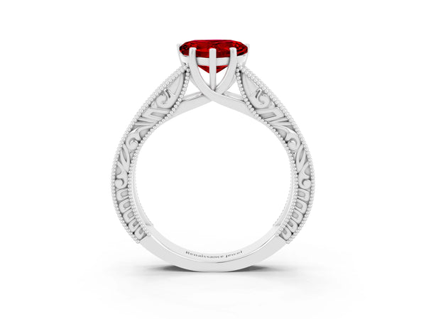 White gold Heart Cut Ruby Solitaire Ring with Engraved Band and Four-Prong Setting