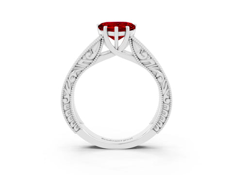 White gold Heart Cut Ruby Solitaire Ring with Engraved Band and Four-Prong Setting_3