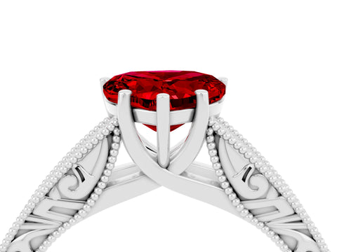 White gold Heart Cut Ruby Solitaire Ring with Engraved Band and Four-Prong Setting_4