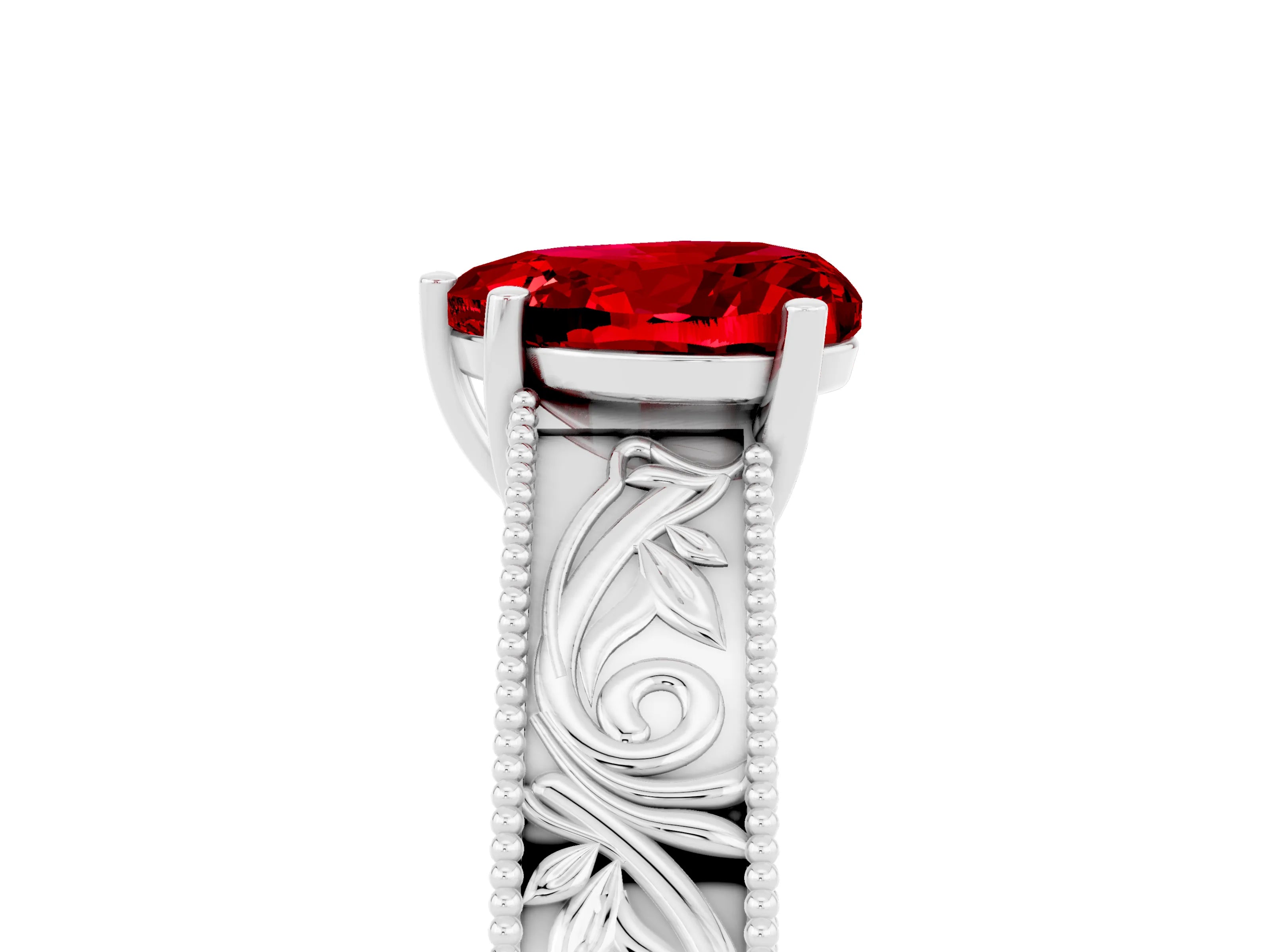 White gold Heart Cut Ruby Solitaire Ring with Engraved Band and Four-Prong Setting_5