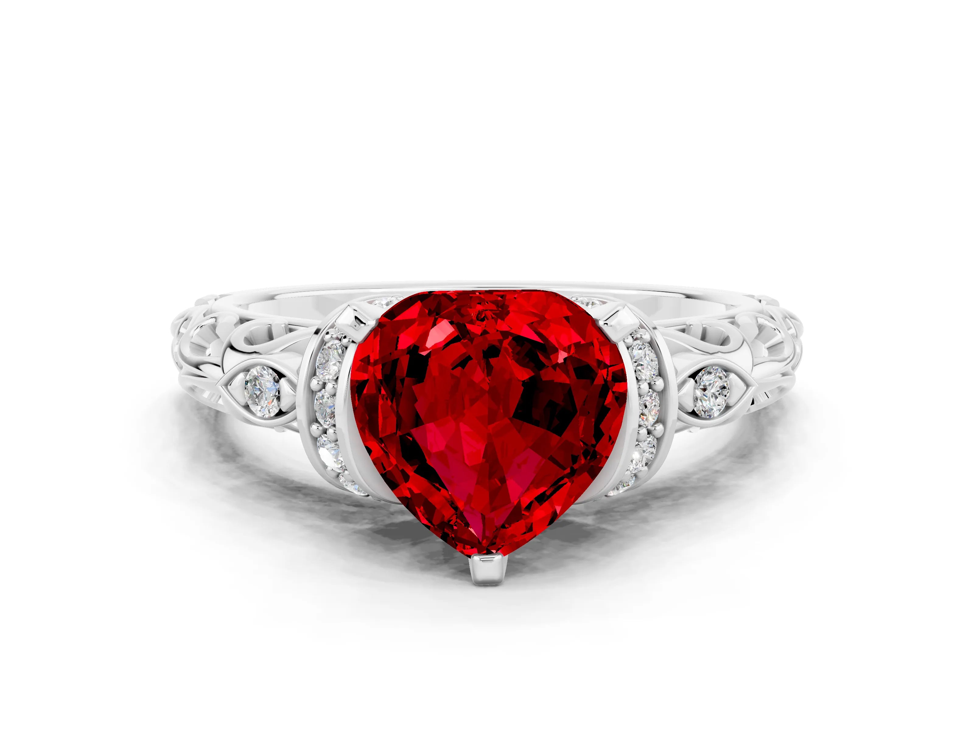 White gold Heart Cut Ruby Solitaire Ring with Filigree Band and Four-Prong Setting_24