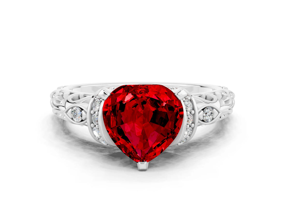 White gold Heart Cut Ruby Solitaire Ring with Filigree Band and Four-Prong Setting_24