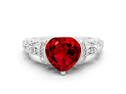 White gold Heart Cut Ruby Solitaire Ring with Filigree Band and Four-Prong Setting_24