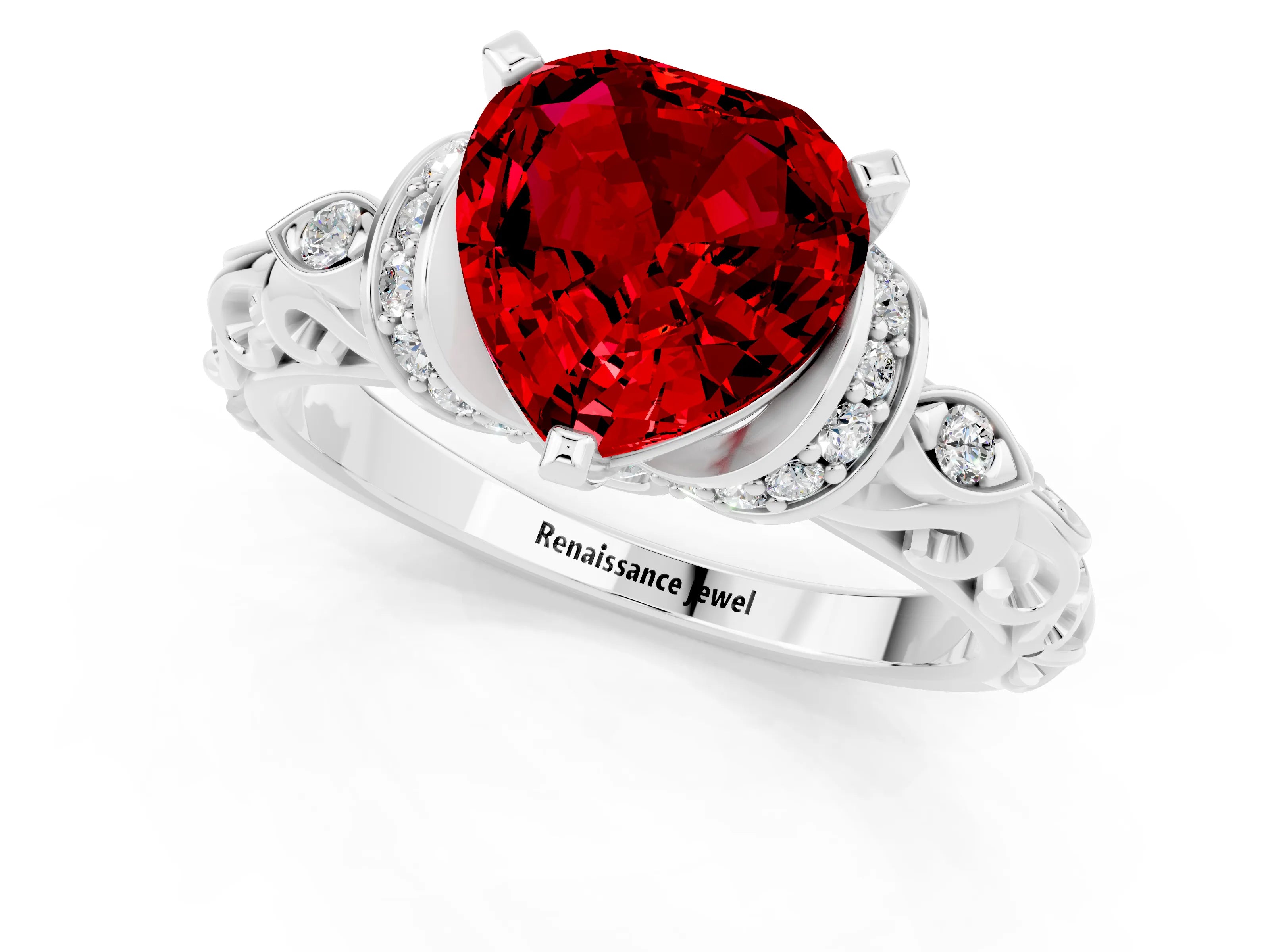 White gold Heart Cut Ruby Solitaire Ring with Filigree Band and Four-Prong Setting_25