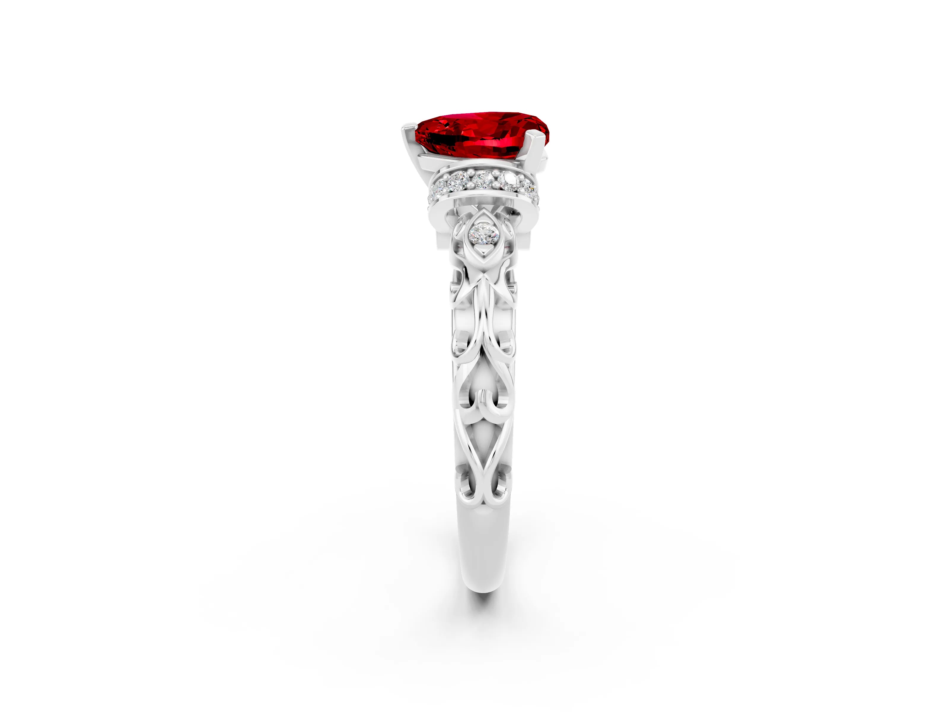 White gold Heart Cut Ruby Solitaire Ring with Filigree Band and Four-Prong Setting_26