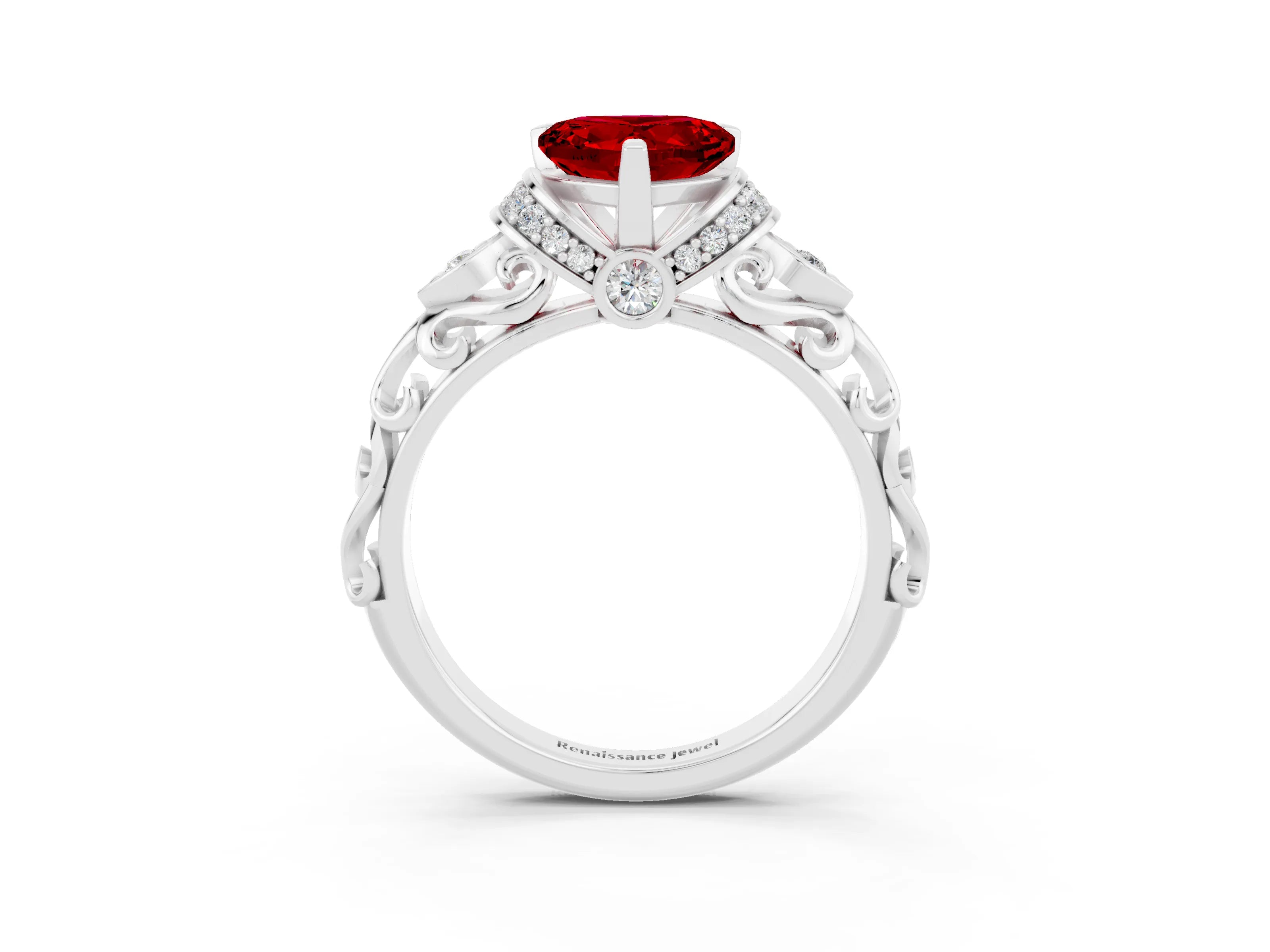 White gold Heart Cut Ruby Solitaire Ring with Filigree Band and Four-Prong Setting_27