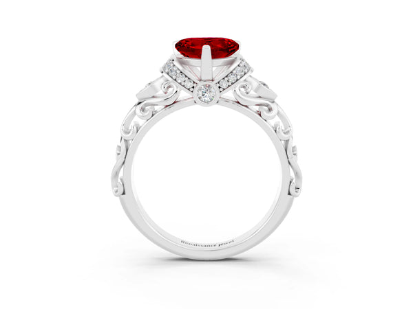 Platinum Heart Cut Ruby Solitaire Ring with Filigree Band and Four-Prong Setting