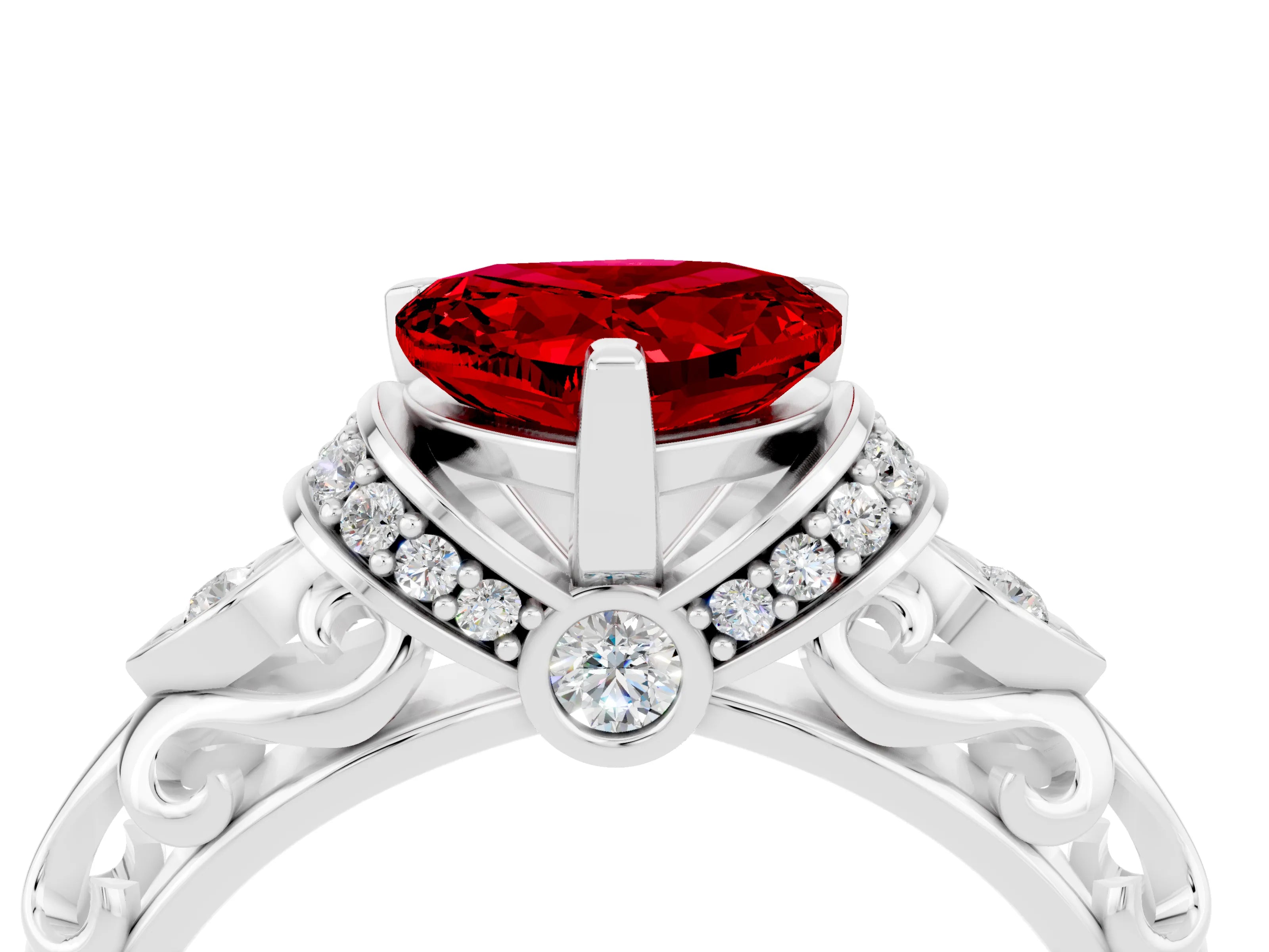 White gold Heart Cut Ruby Solitaire Ring with Filigree Band and Four-Prong Setting_28