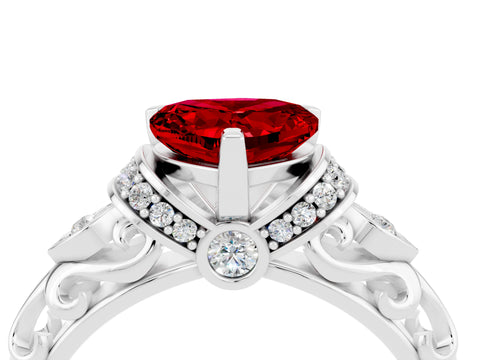 White gold Heart Cut Ruby Solitaire Ring with Filigree Band and Four-Prong Setting_28