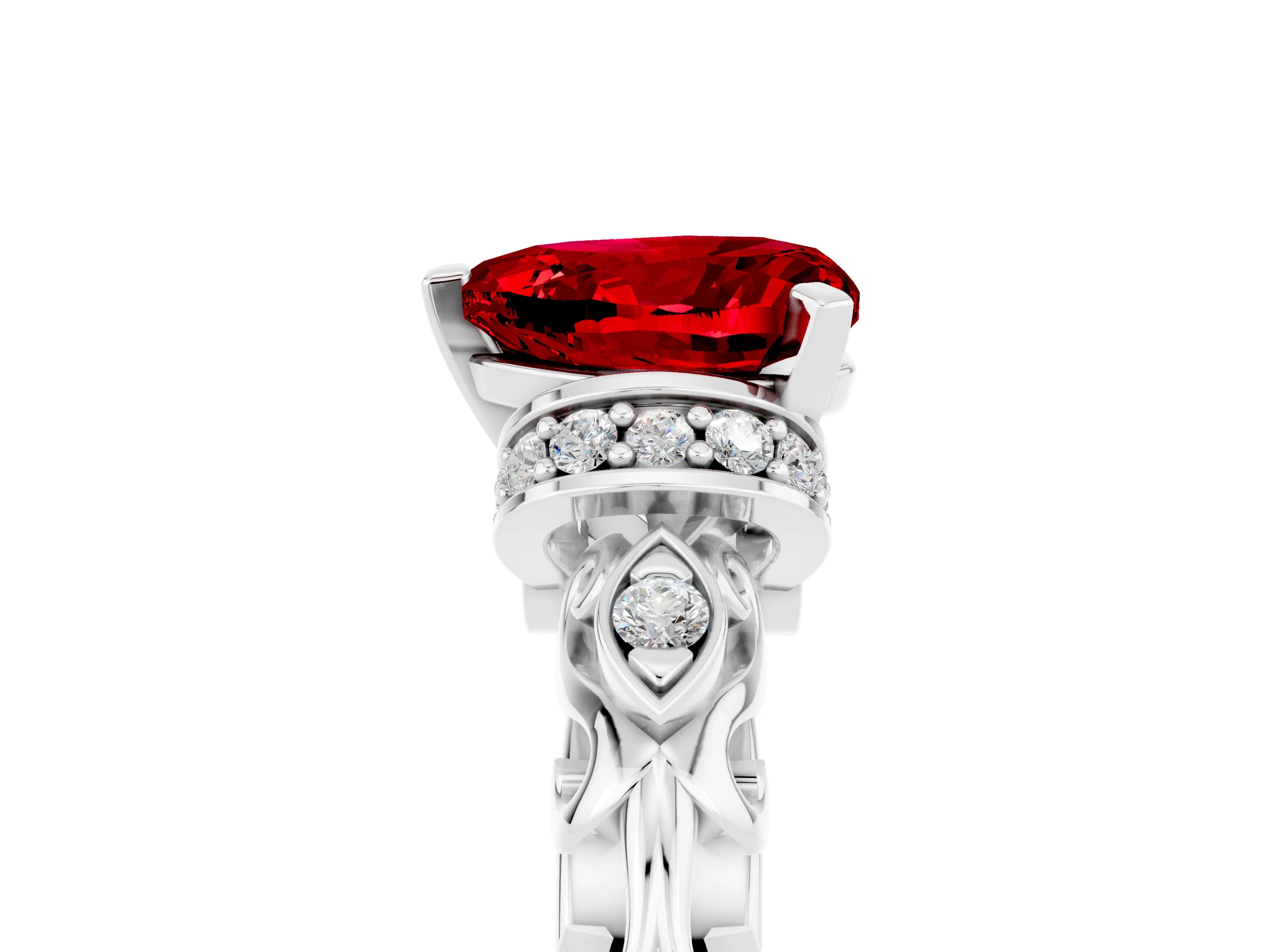 White gold Heart Cut Ruby Solitaire Ring with Filigree Band and Four-Prong Setting_29