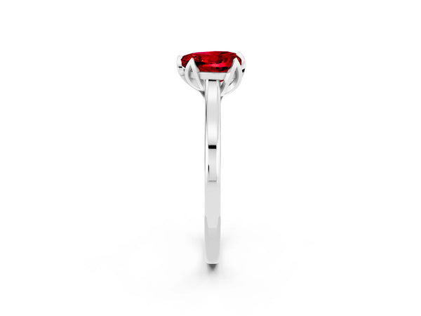 Silver Heart Cut Ruby Solitaire Ring with Flower Prong Setting and Classic Band