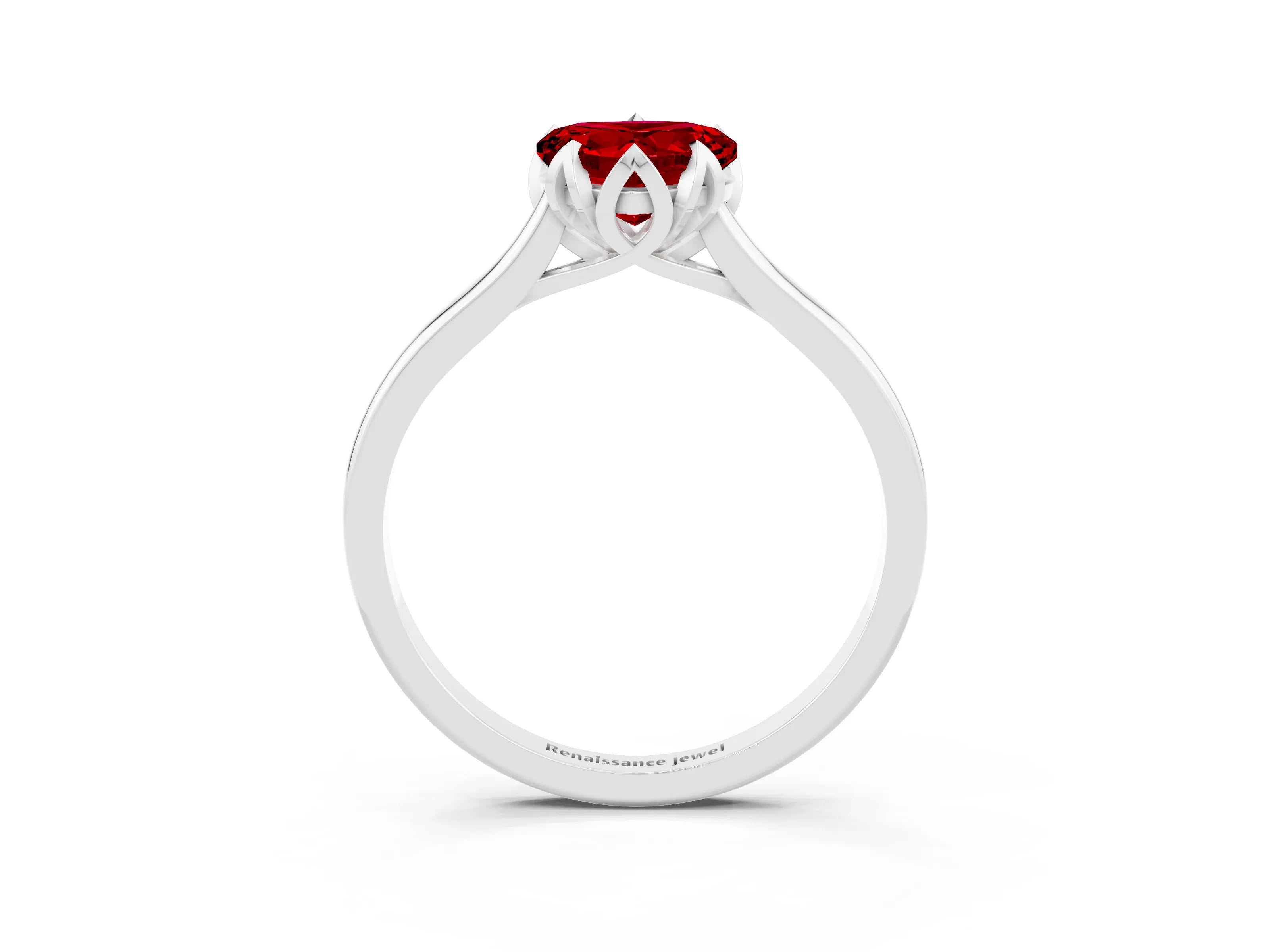 White gold Heart Cut Ruby Solitaire Ring with Flower Prong Setting and Classic Band_15