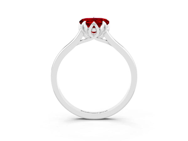 White gold Heart Cut Ruby Solitaire Ring with Flower Prong Setting and Classic Band