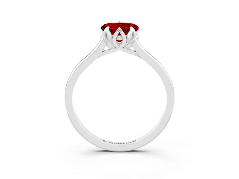 White gold Heart Cut Ruby Solitaire Ring with Flower Prong Setting and Classic Band_15