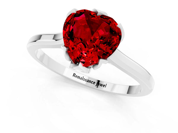 White gold Heart Cut Ruby Solitaire Ring with Flower Prong Setting and Classic Band