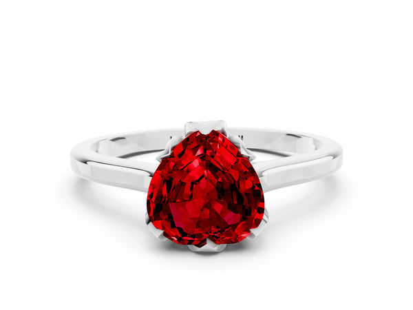 White gold Heart Cut Ruby Solitaire Ring with Flower Prong Setting and Classic Band