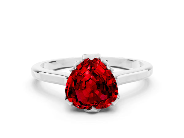 White gold Heart Cut Ruby Solitaire Ring with Flower Prong Setting and Classic Band