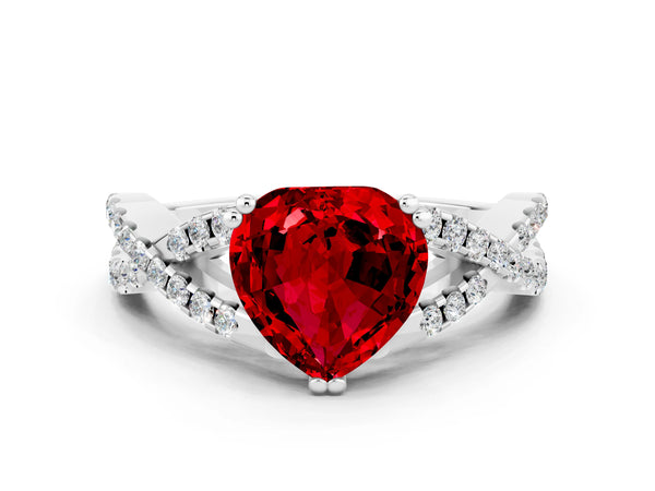 Platinum Heart Cut Ruby Solitaire Ring with Four-Prong Setting and Twisted Pavé Band
