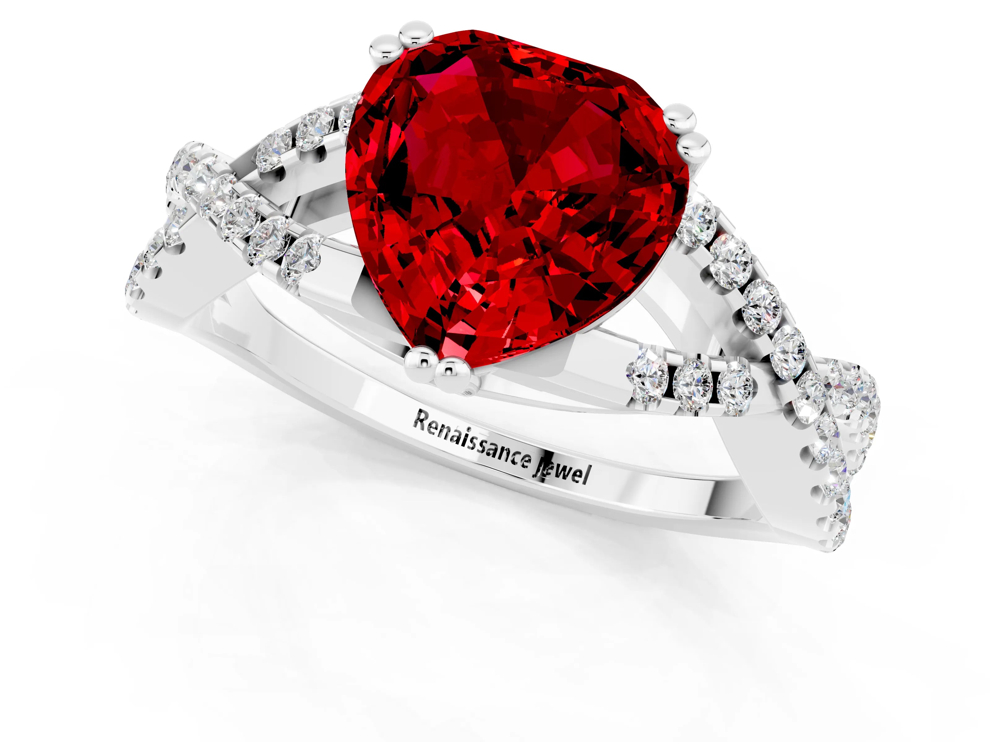 White gold Heart Cut Ruby Solitaire Ring with Four-Prong Setting and Twisted Pavé Band_1