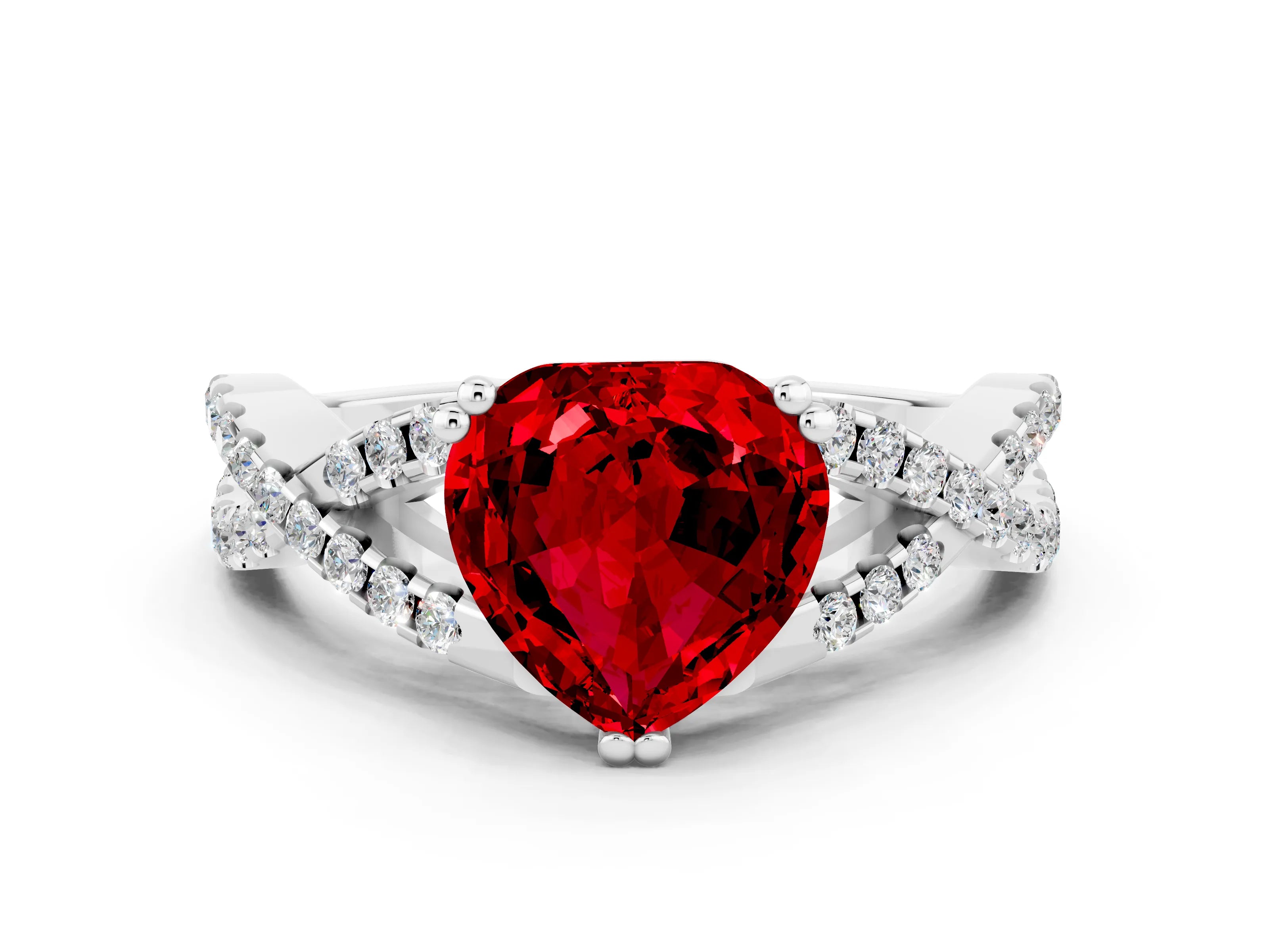 White gold Heart Cut Ruby Solitaire Ring with Four-Prong Setting and Twisted Pavé Band
