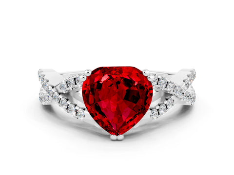 White gold Heart Cut Ruby Solitaire Ring with Four-Prong Setting and Twisted Pavé Band