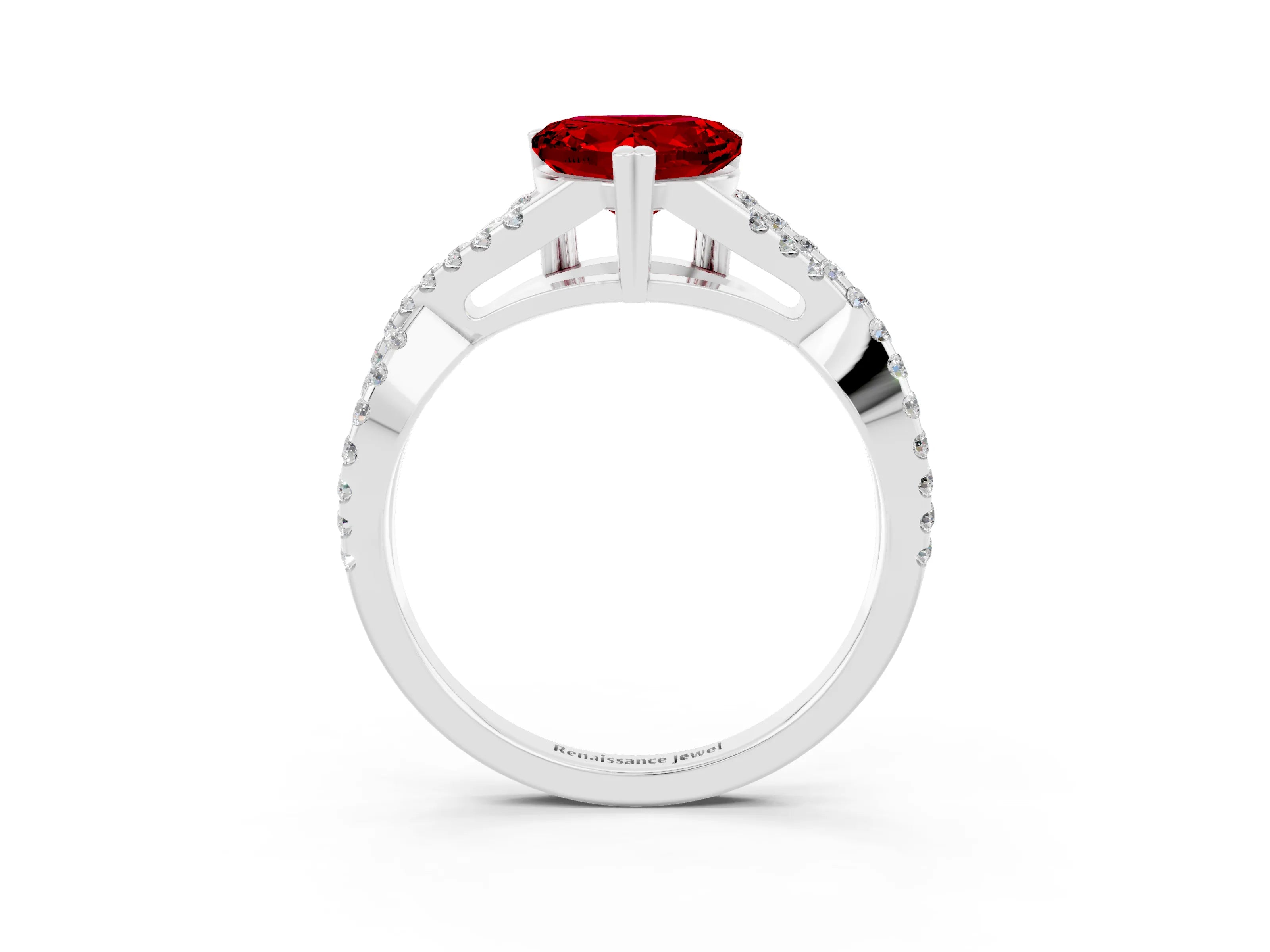White gold Heart Cut Ruby Solitaire Ring with Four-Prong Setting and Twisted Pavé Band_3