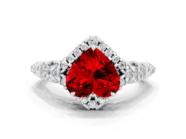Silver Heart Cut Ruby Solitaire Ring with Hidden Halo and Pavé Band