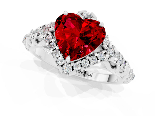 White gold Heart Cut Ruby Solitaire Ring with Hidden Halo and Pavé Band