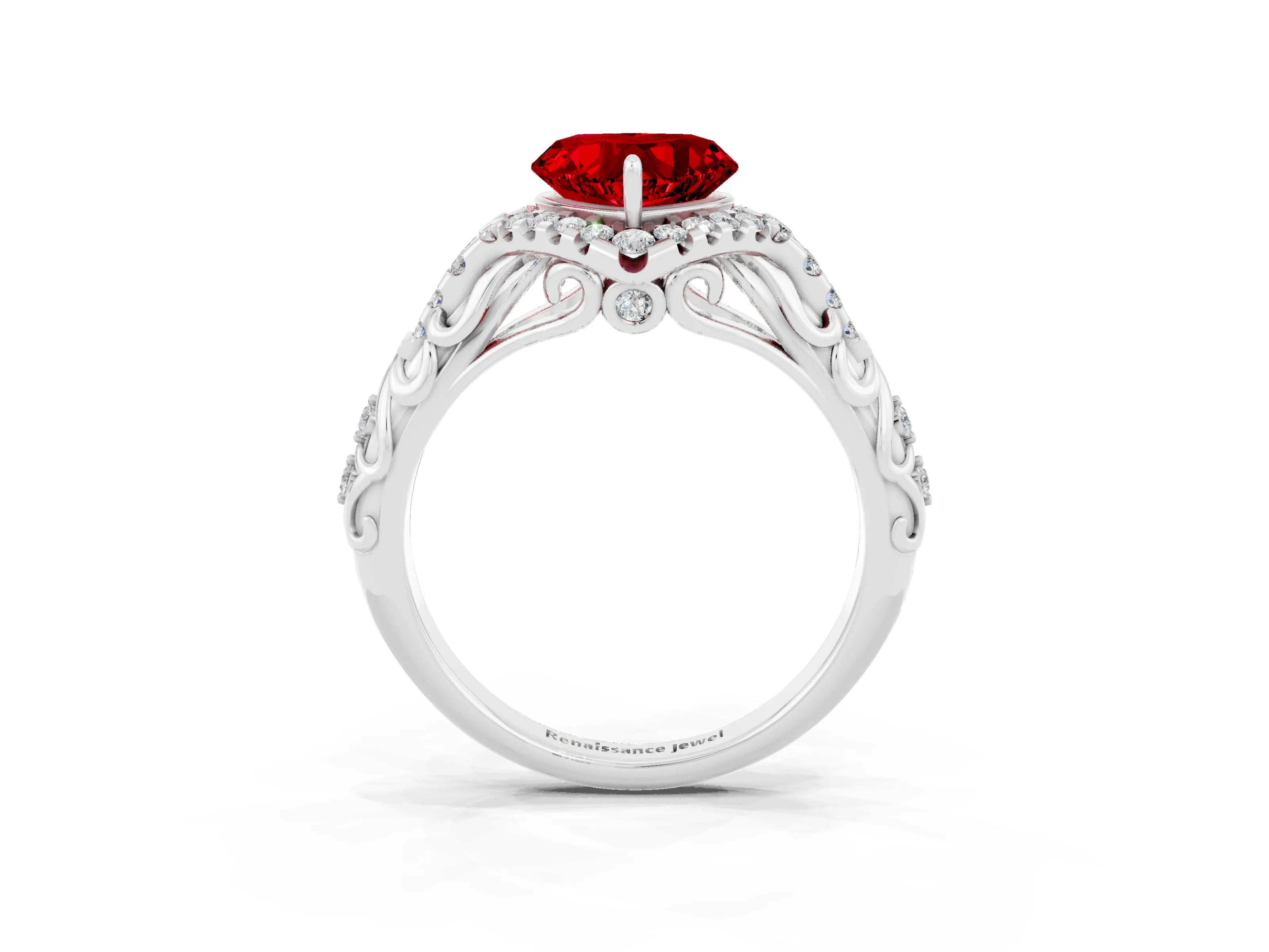 White gold Heart Cut Ruby Solitaire Ring with Hidden Halo and Pavé Band_15