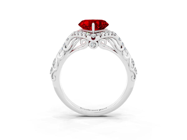 White gold Heart Cut Ruby Solitaire Ring with Hidden Halo and Pavé Band