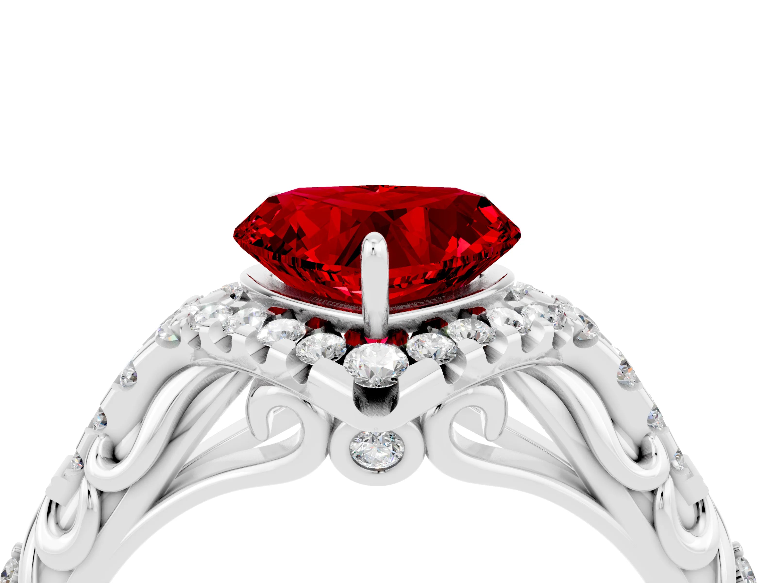White gold Heart Cut Ruby Solitaire Ring with Hidden Halo and Pavé Band_16