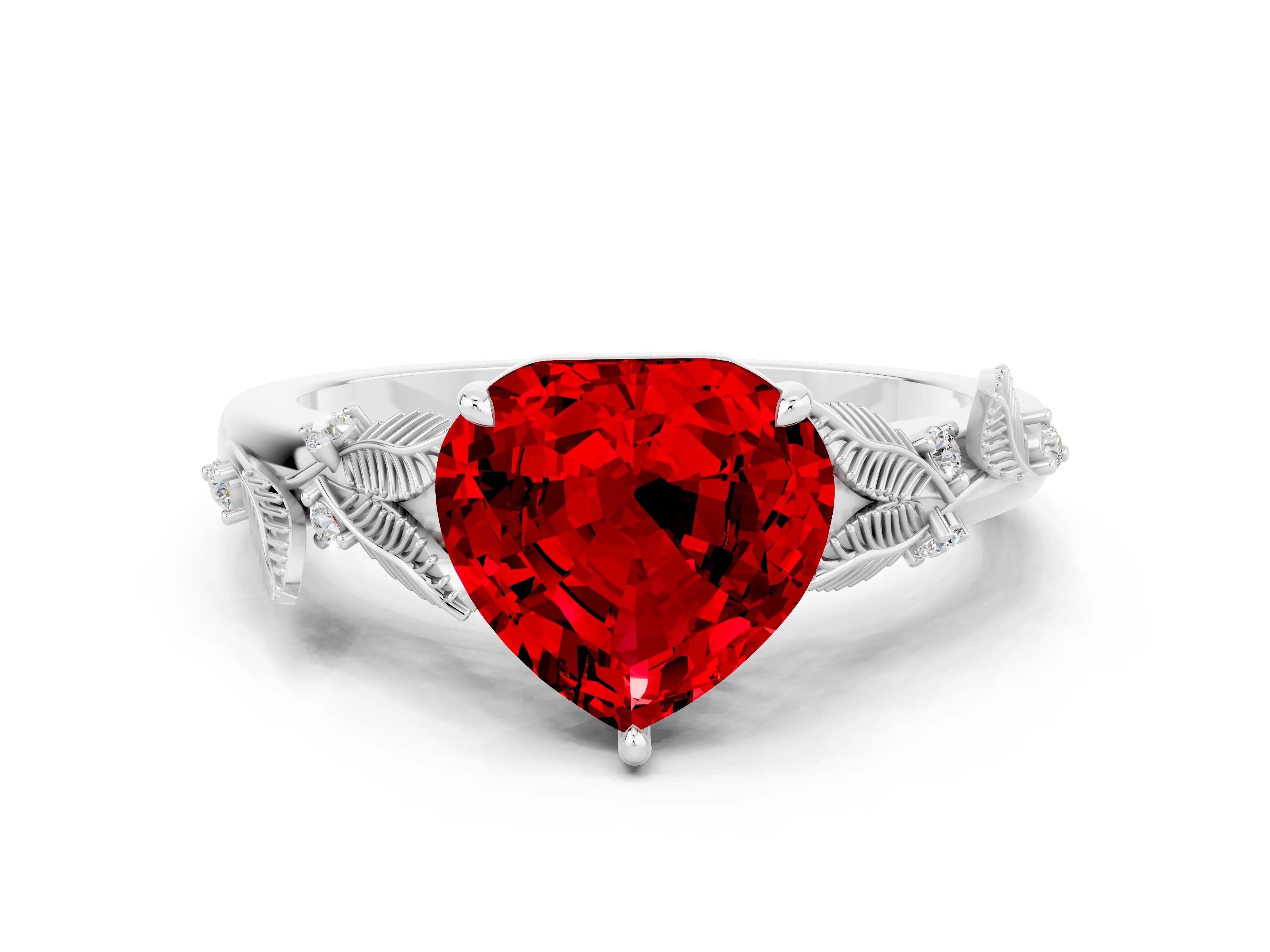White gold Heart Cut Ruby Solitaire Ring with Leaf Motif Band and Four-Prong Setting