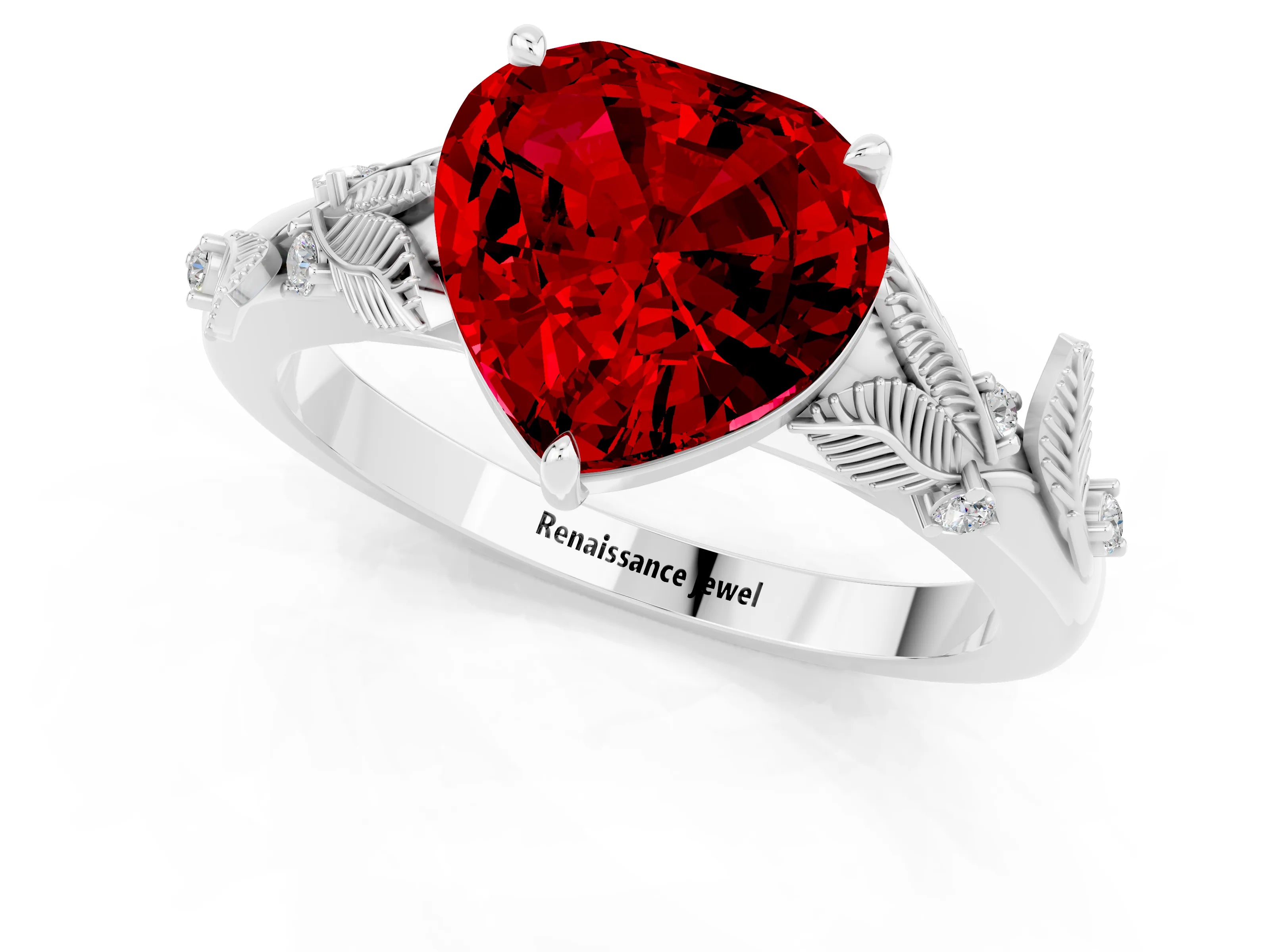 White gold Heart Cut Ruby Solitaire Ring with Leaf Motif Band and Four-Prong Setting_13