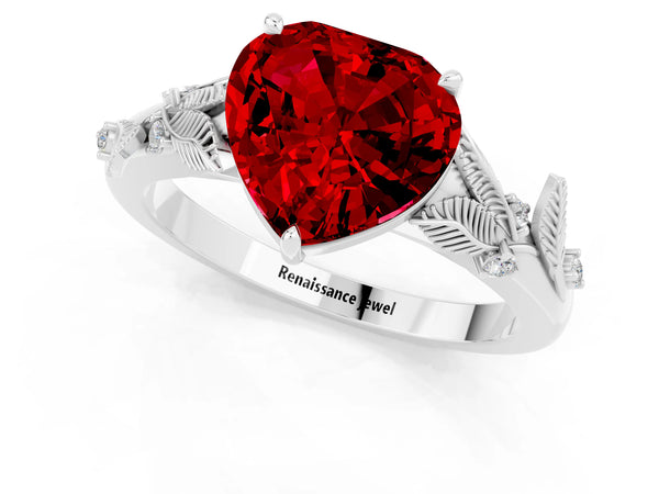White gold Heart Cut Ruby Solitaire Ring with Leaf Motif Band and Four-Prong Setting