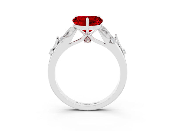 White gold Heart Cut Ruby Solitaire Ring with Leaf Motif Band and Four-Prong Setting
